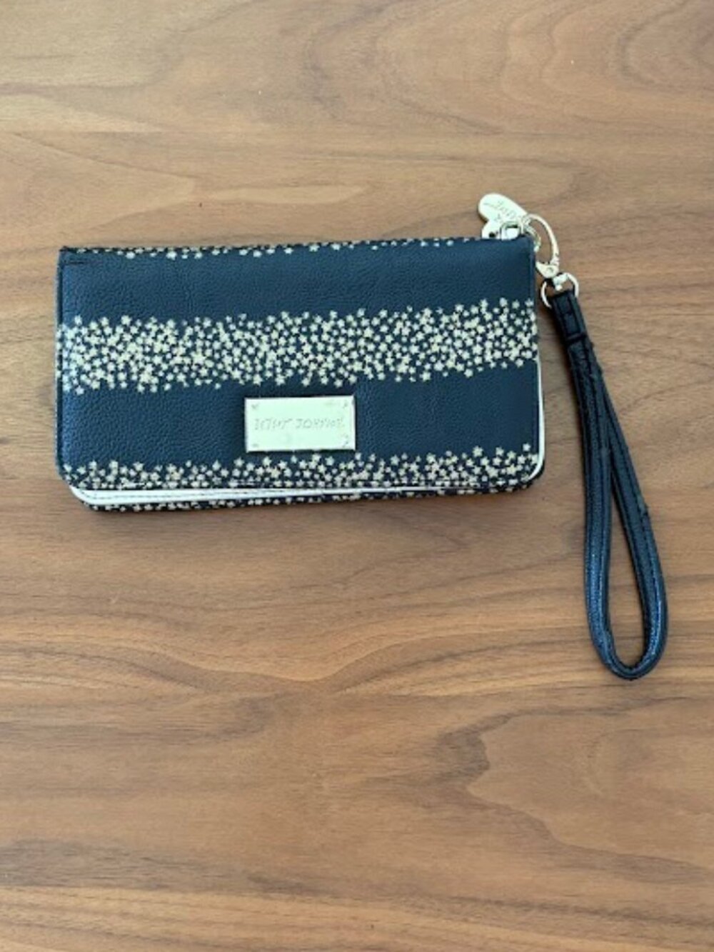 Betsey Johnson clutch wristlet wallet, black with gold stars and gold hardware